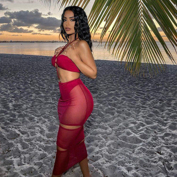 Plus size women's beach dress halter neck see-through mesh skirt