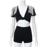 Deep V Cropped Navel Fringe T-Shirt High Waist Casual Skinny Shorts Set
