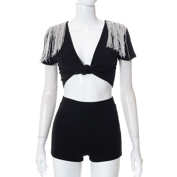 Deep V Cropped Navel Fringe T-Shirt High Waist Casual Skinny Shorts Set