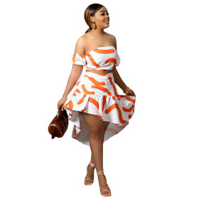 Plus Size Sleeve Print Ruffle Sexy Dress