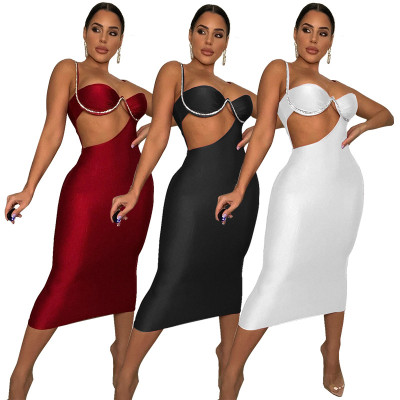 Fashion bag hip tight sexy hollow diamond chain evening dress suspender dress