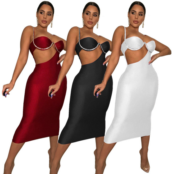 Fashion bag hip tight sexy hollow diamond chain evening dress suspender dress
