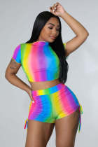 Sports and leisure large size short T-shirt suit rainbow striped print short-sleeved shorts two-piece set for women