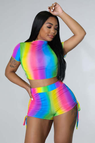 Sports and leisure large size short T-shirt suit rainbow striped print short-sleeved shorts two-piece set for women