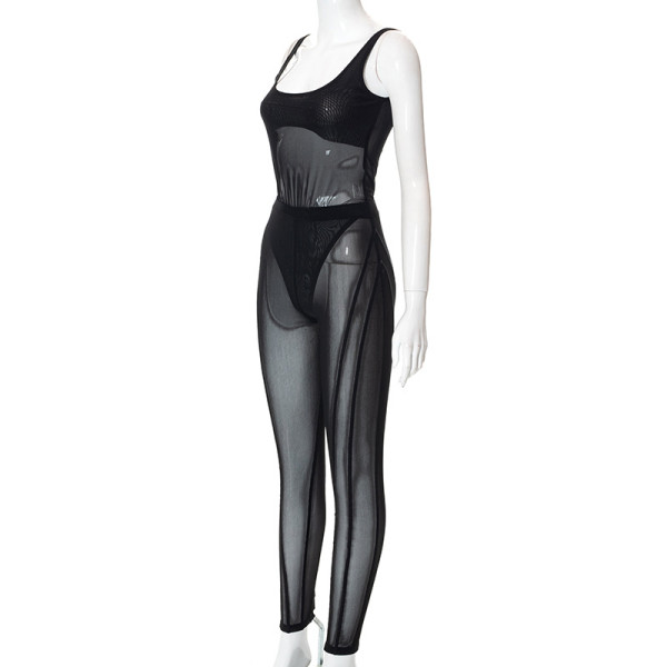 Sleeveless Bodysuit Skinny Cutout Mesh Trouser Set