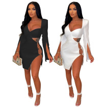 Plus Size Fashion Shoulder Pads Long Sleeves Tight Irregular Slit Dress Nightclub Dress