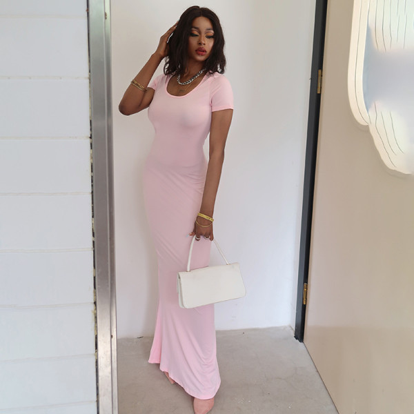 Casual Short Sleeve High Waist Slim Fit Fishtail Long Dress
