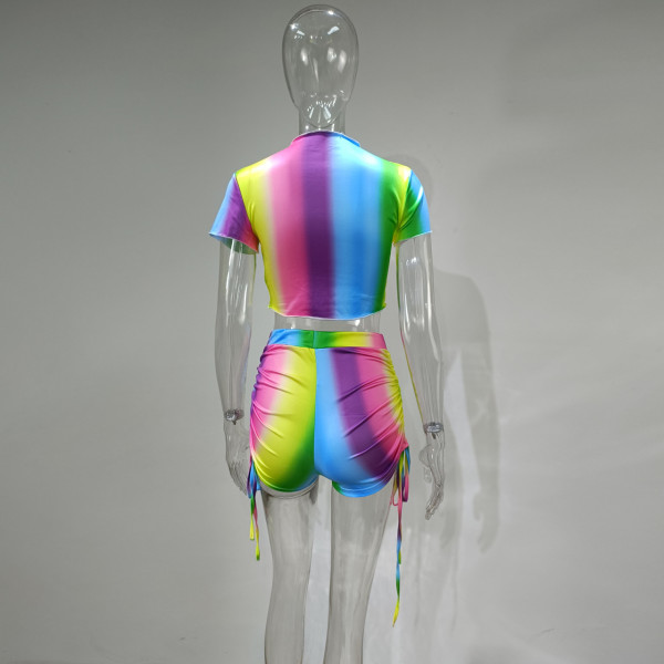 Sports and leisure large size short T-shirt suit rainbow striped print short-sleeved shorts two-piece set for women