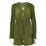 Ruffled T-Shirt Two Piece Solid Color Long Sleeve Tie High Waist Shorts Set