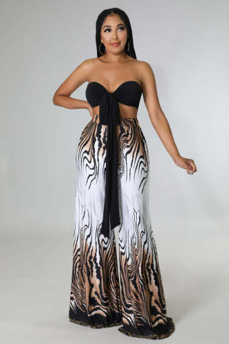 Women's sexy two-piece hot style self-tie strap tube top printed wide-leg trousers suit