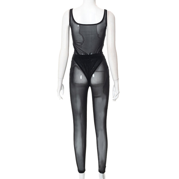 Sleeveless Bodysuit Skinny Cutout Mesh Trouser Set