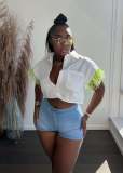 Breasted Feather Sleeve Cropped Top Lapel Short Sleeve White Shirt