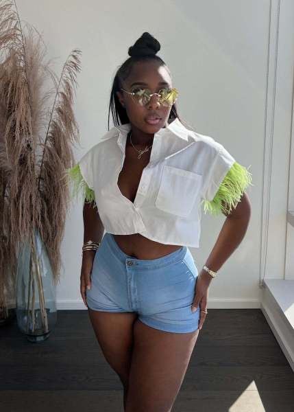 Breasted Feather Sleeve Cropped Top Lapel Short Sleeve White Shirt