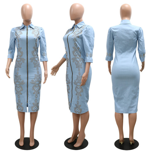 Fashionable personality tight A-line denim hot and drilled hip dress