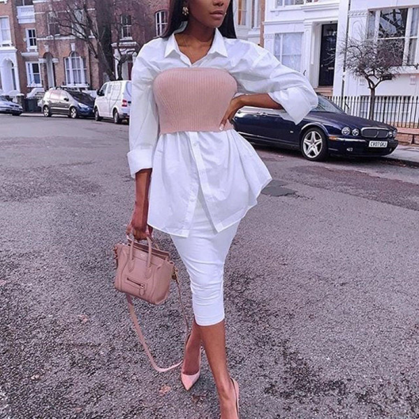 Shirt skirt solid color lapel cardigan dress