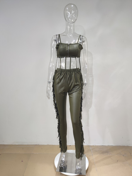 Sexy Ladies Top Sleeveless Sling Fringed Faux Leather Leggings Set