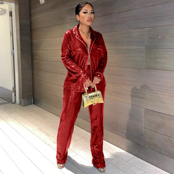 Fashion Suit Shirt Set Sequin Covered Pants Two Piece