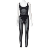 Sleeveless Bodysuit Skinny Cutout Mesh Trouser Set