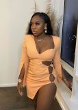 Plus Size Fashion Shoulder Pads Long Sleeves Tight Irregular Slit Dress Nightclub Dress