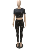 Elastic ripped turtleneck long-sleeved top pencil pants set