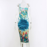 Tie-dye print suspender dress fashionable sexy temperament long skirt