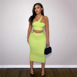 Fashionable sloping shoulder strapless vest solid color temperament slim fit hip skirt suit