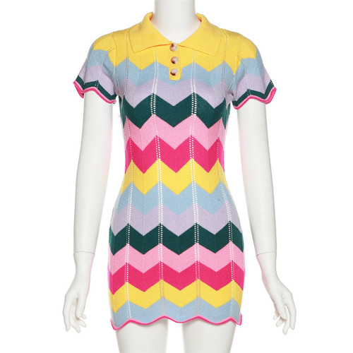 Fashion polo neck wavy short sleeve slim hip knitted dress