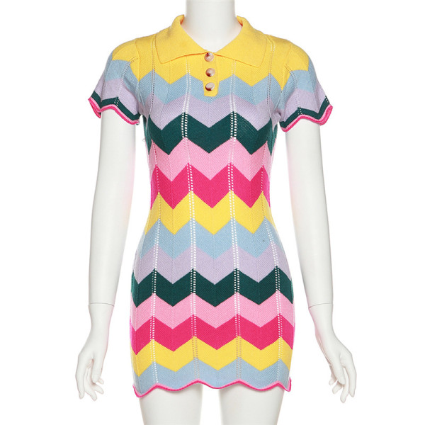 Fashion polo neck wavy short sleeve slim hip knitted dress