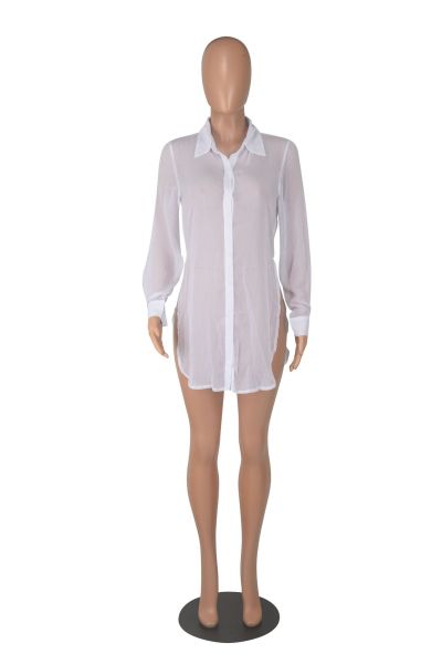 Sexy Sheer Long Sleeve Lapel Slit Chiffon Beach Blouse
