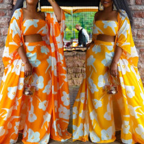 Women's Printed Mid Sleeve Wrap Chest Wide Leg Pants Three Piece Set