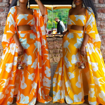 Women's Printed Mid Sleeve Wrap Chest Wide Leg Pants Three Piece Set