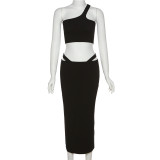 Fashionable sloping shoulder strapless vest solid color temperament slim fit hip skirt suit