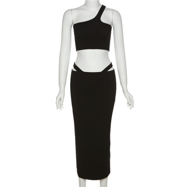 Fashionable sloping shoulder strapless vest solid color temperament slim fit hip skirt suit