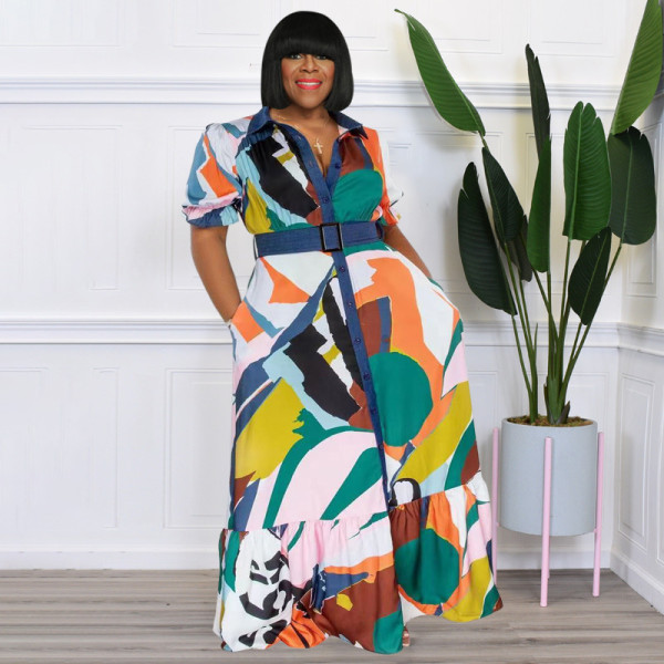 Colorful Print Belted Loose Plus Size Women's Dress