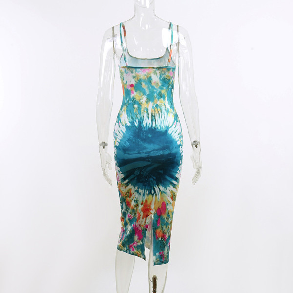 Tie-dye print suspender dress fashionable sexy temperament long skirt