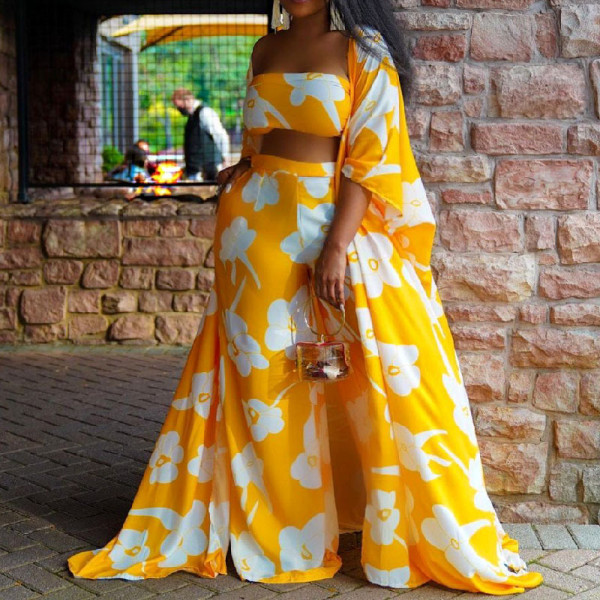 Women's Printed Mid Sleeve Wrap Chest Wide Leg Pants Three Piece Set