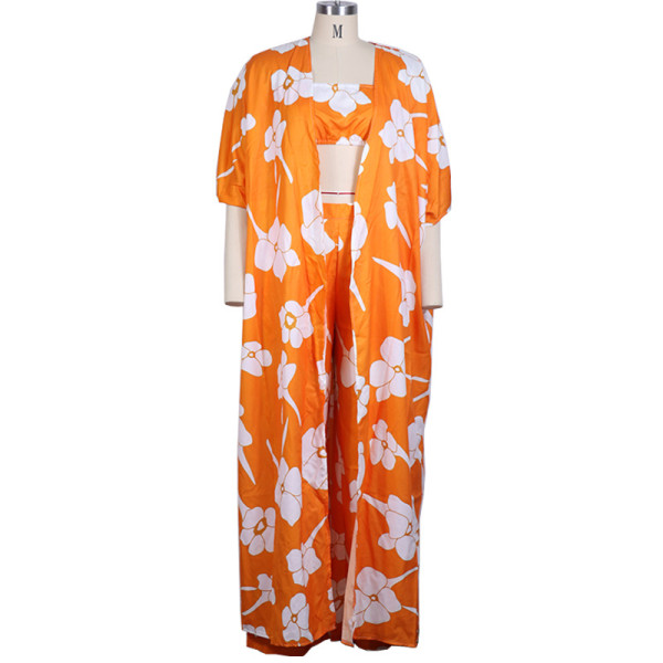 Women's Printed Mid Sleeve Wrap Chest Wide Leg Pants Three Piece Set