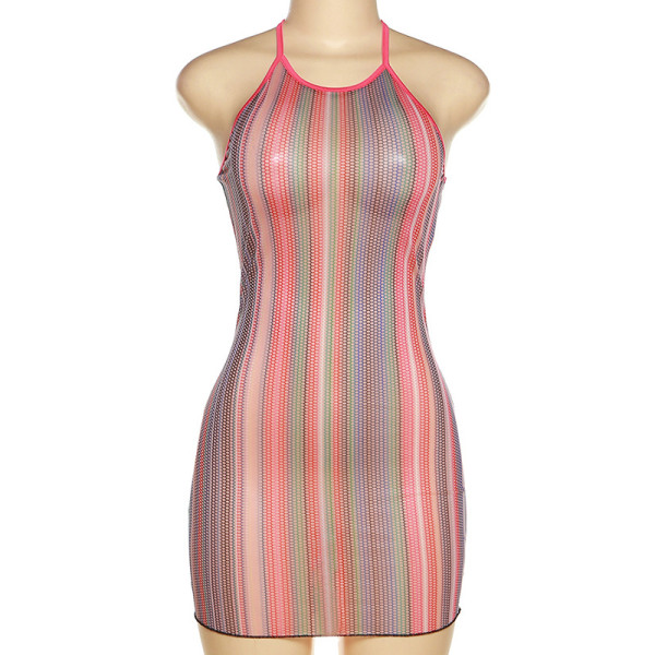 Fashion halter neck open back mesh print sexy slim hip dress
