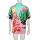 Women's vacation style coral color printed lapel shirt T-shirt top shorts two-piece set T23661