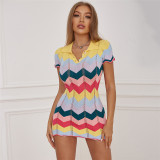 Fashion polo neck wavy short sleeve slim hip knitted dress