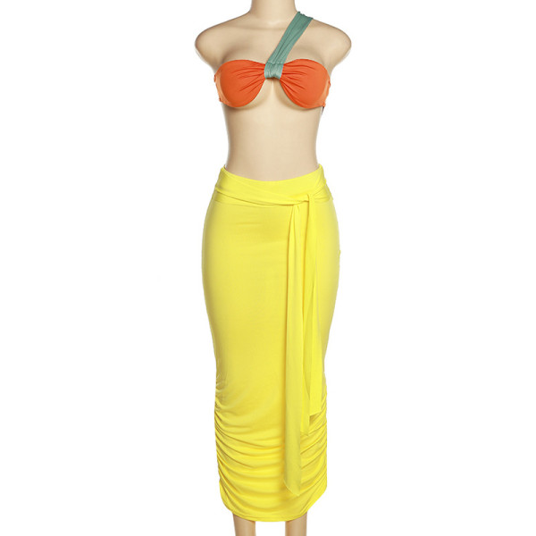Fashion open back tube top sexy open back high waist pleated slim skirt suit