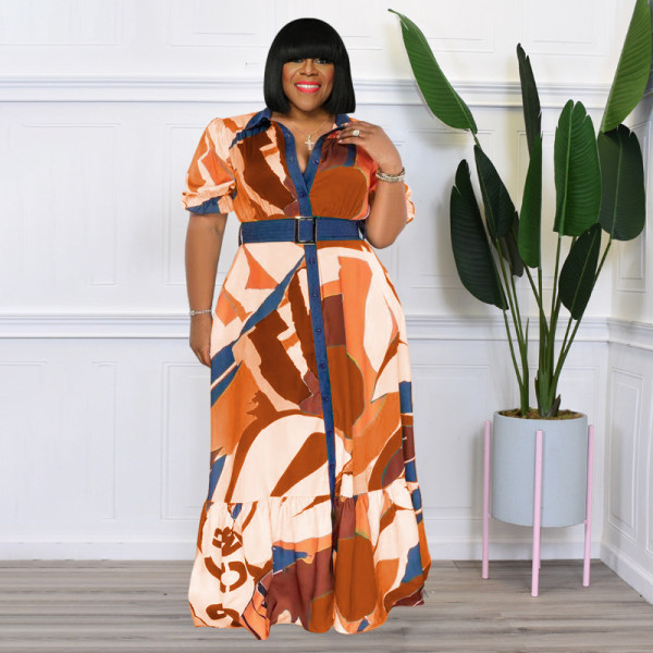 Colorful Print Belted Loose Plus Size Women's Dress
