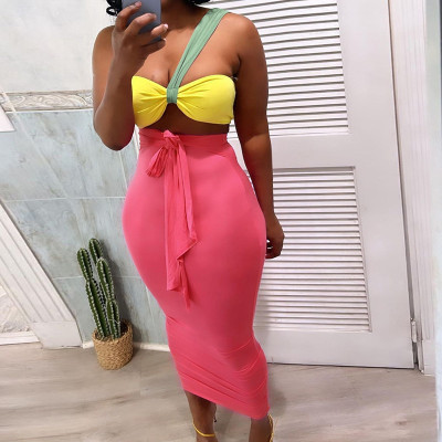 Fashion open back tube top sexy open back high waist pleated slim skirt suit