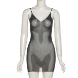 Fashionable low-cut sling hot-drilled mesh sexy bag hip dress
