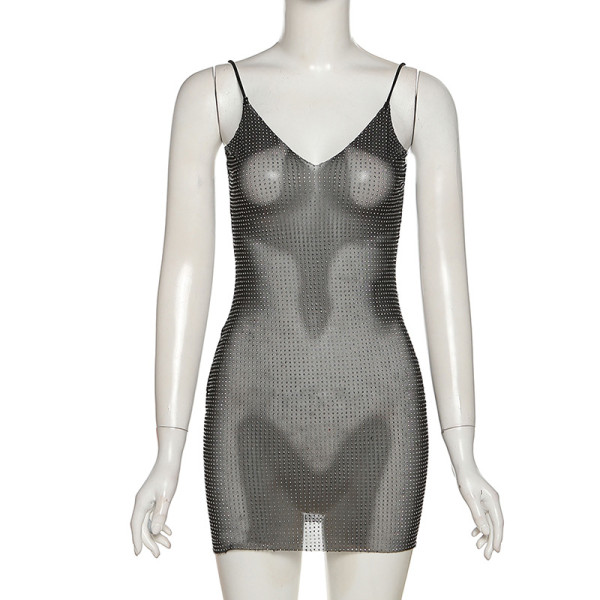 Fashionable low-cut sling hot-drilled mesh sexy bag hip dress