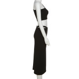Fashionable sloping shoulder strapless vest solid color temperament slim fit hip skirt suit