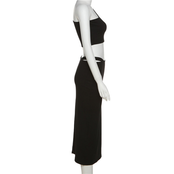 Fashionable sloping shoulder strapless vest solid color temperament slim fit hip skirt suit