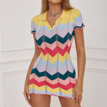 Fashion polo neck wavy short sleeve slim hip knitted dress Fashion polo neck wavy short sleeve slim hip knitted dress