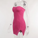 strapless jacquard slit dress