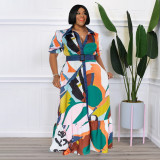 Colorful Print Belted Loose Plus Size Women's Dress